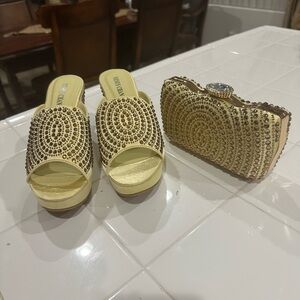 New Gold rhinestone heels with matching purse. Size 8